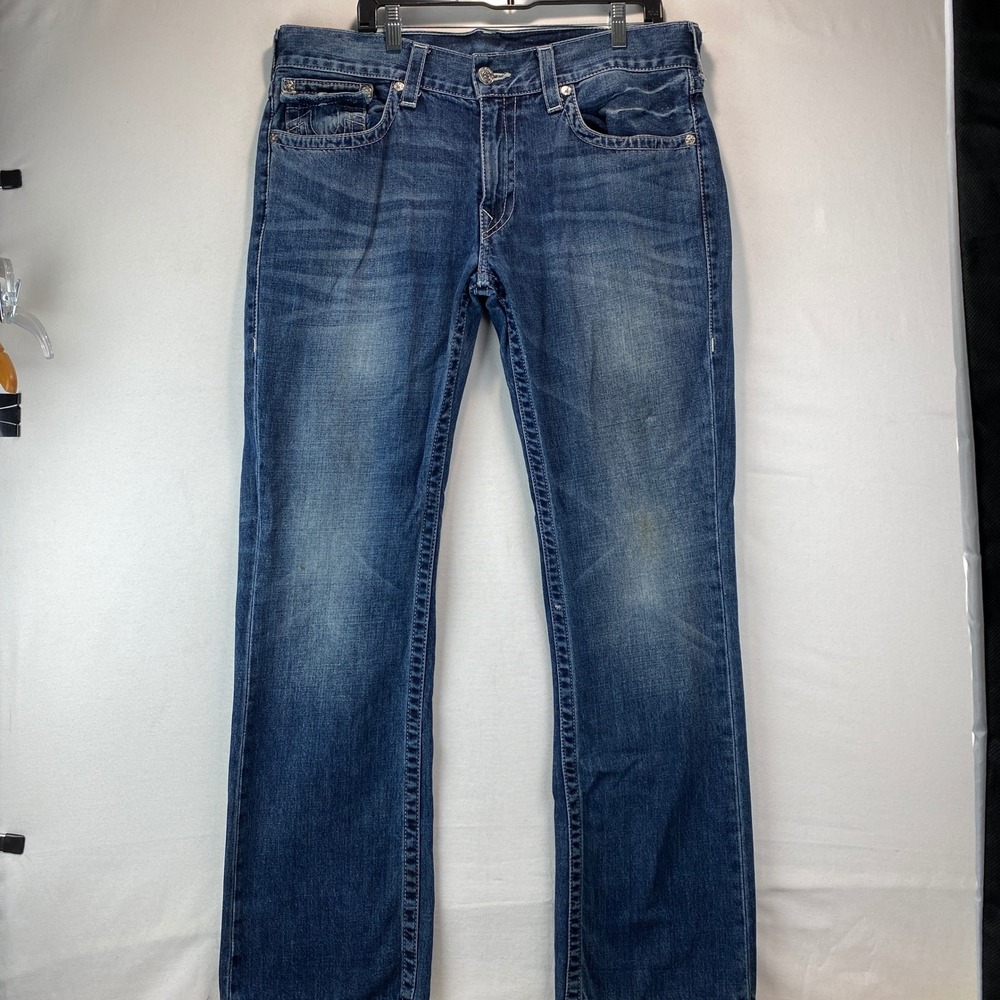True Religion Straight W Flap Basic Mens 36‎ Blue Denim Jeans Contrast Stitching